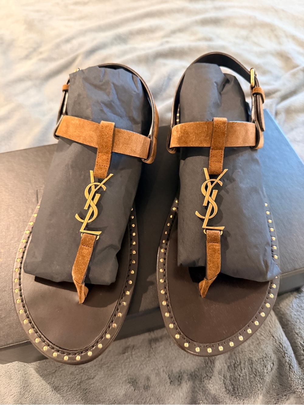 Yves Saint Laurent Tan Suede T-Strap Sandals with Gold YSL Hardware